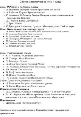 Список литературы для чтения на лето 4 класс. Формат docx. Опубликовано ...