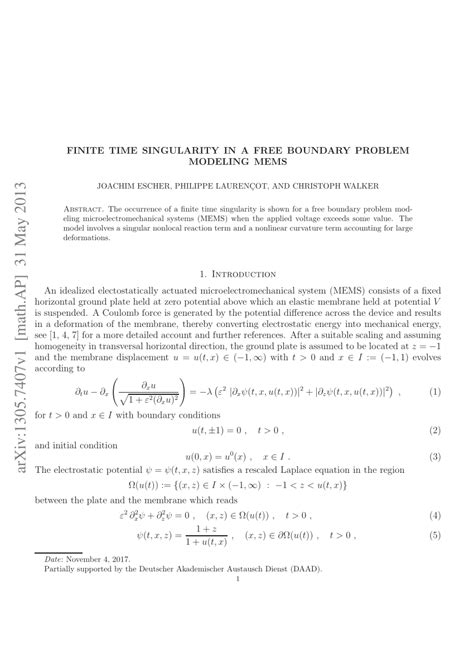 PDF Finite Time Singularity In A Free Boundary Problem Modeling MEMS