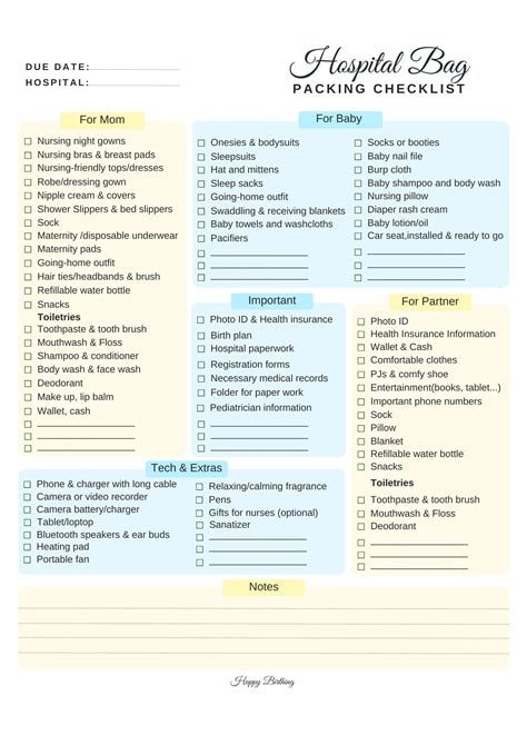 Labor and Delivery Checklist Hospital Bag Check List Mom Babyprintable