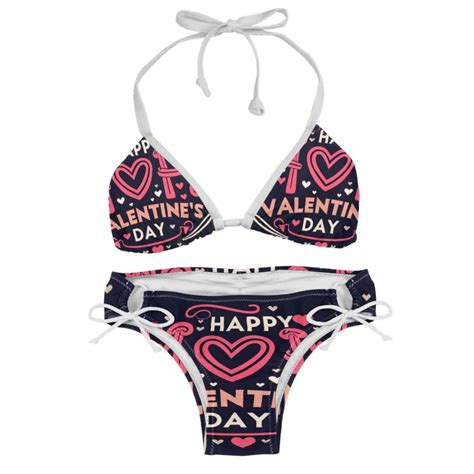 Valentine S Day Font Detachable Sponge Adjustable Strap Bikini Set Swim Wear Pack Beach