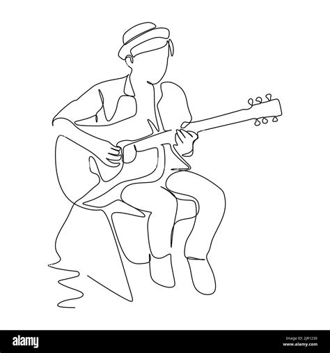 Un músico está tocando la guitarra acústica Dibujo de línea simple