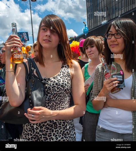 Paris France French Female Teens Drinking Beer In Public Street At Gay Pride LGBT Stock Photo