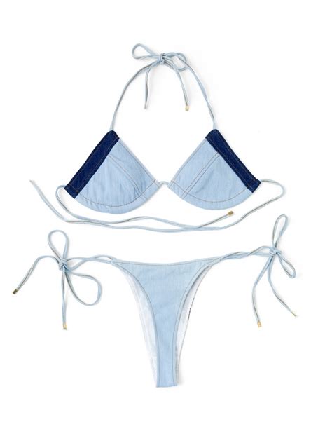 Emmiol Free Shipping 2025 Denim Splice Halter Triangle Bikinis Blue L In Bikini Sets Online
