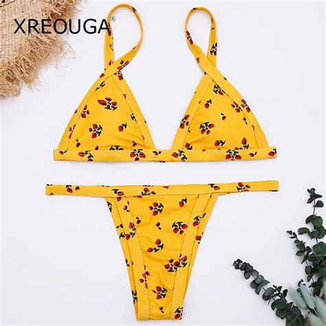 Aliexpress Buy Xreouga Yellow Floral Print Bikini Set Holiday Beach Sexy Monokini Low