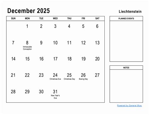 December 2025 Planner with Liechtenstein Holidays