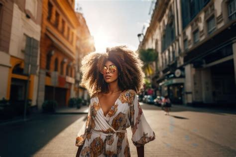 Premium Photo | Stylish Afro woman in sunglasses on city street Urban ...