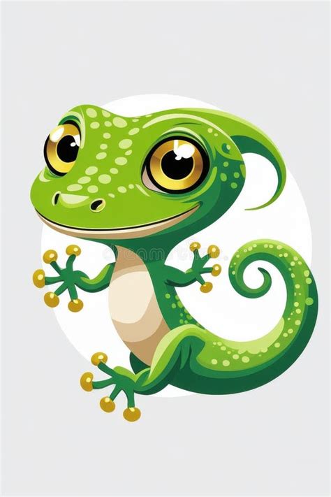 Lindo Gecko Verde Caricatura Con Grandes Ojos Dorados Stock De