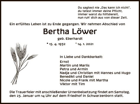 Traueranzeigen von Bertha Löwer Trauer HNA de