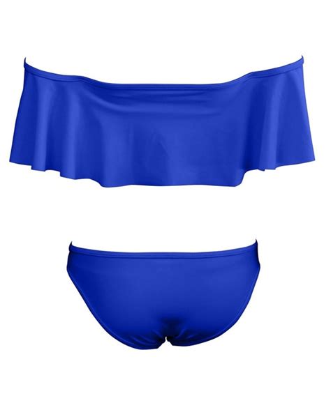 Lady Girls Off Shoulder Ruffle Swim Bathing Suit Bikini Two Piece Set Sapphire Blue Cu O Iye