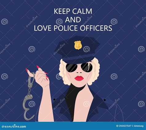 Blonde Haired Policewoman In Uniform Cap And Glasses Holds Handcuffs In Her Hand Stock Vector