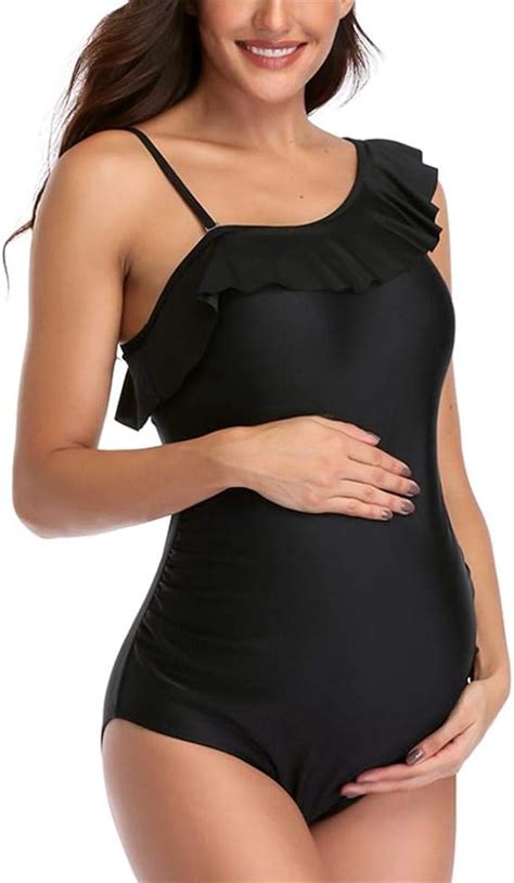 Badeanzug Für Schwangere Mutterschaftsschwarz One Shoulder Solid Printed Rüschen Split Bikini