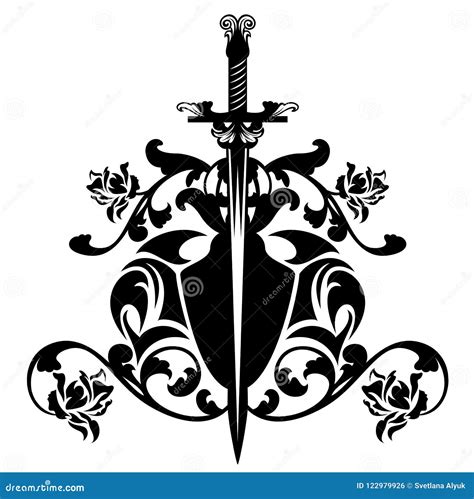 Sword And Rose Flowers Black And White Vector Heraldic Design