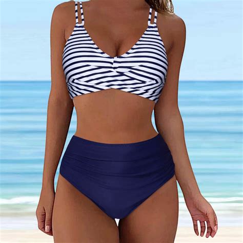 Dihao Bikini Set For Women High Waisted Stripe Printing Push Up Padded Swimsuit Piece Plus