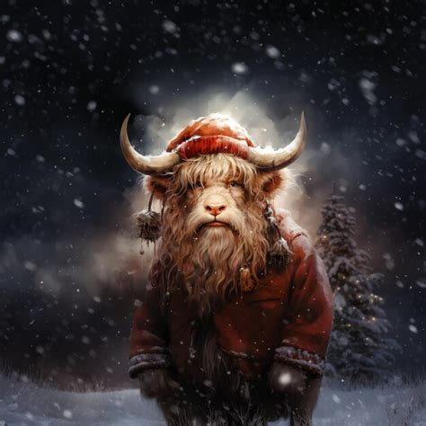 Premium Photo There Is A Very Large Horned Animal With A Red Hat On