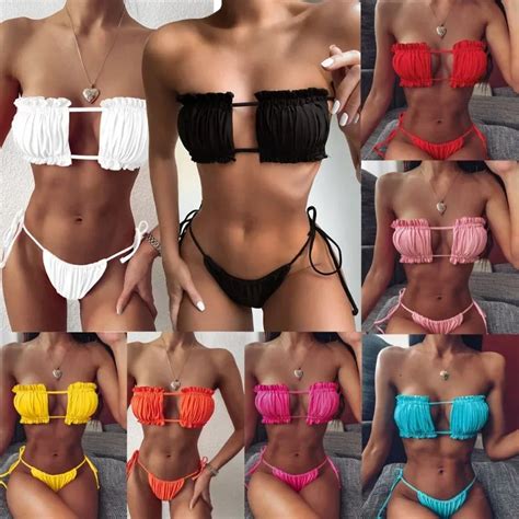 Bikini Sexy Plisado Con Espalda Descubierta Traje De Ba O Sexy De Color