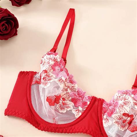 Sexy Lingerie Floral Embroidery Underwear Transparent Lace Set Push Up Garter Belt Lingerie Set
