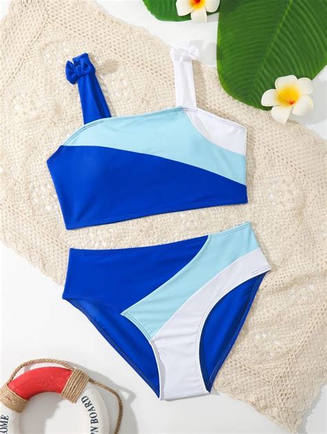 Shein Chicas Adolescentes Ba Ador Bikini De Color Combinado De Hombros