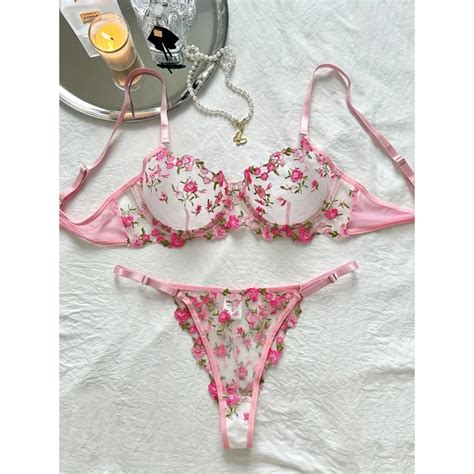 New Floral Embroidery Set Mesh Unlined Bra Sheer Thong Women S Sexy Lingerie Underwear