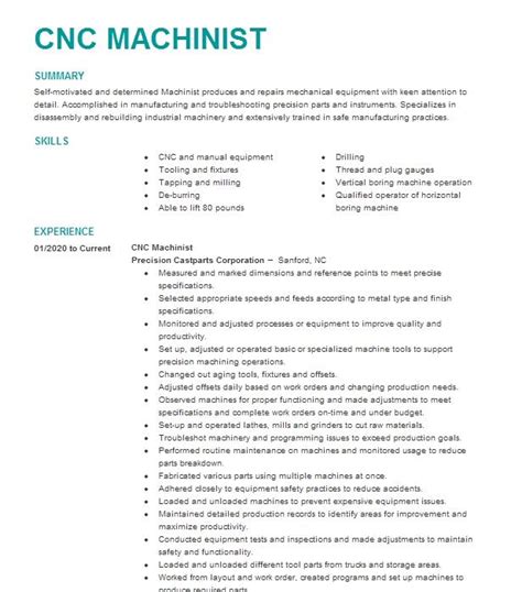 Cnc Machinist Resume Example