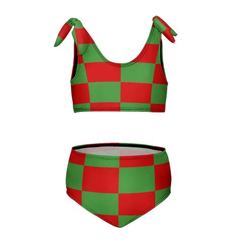 Red And Green Pattern Girl S 2 Piece Bikini Set Beach Sport Swimsuit Swimwear 9 11Y140cm