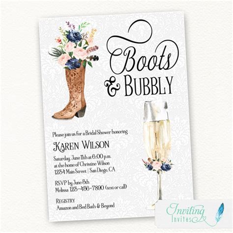 Cowboy Boots And Bubbly Bridal Shower Invitation Champagne Invite