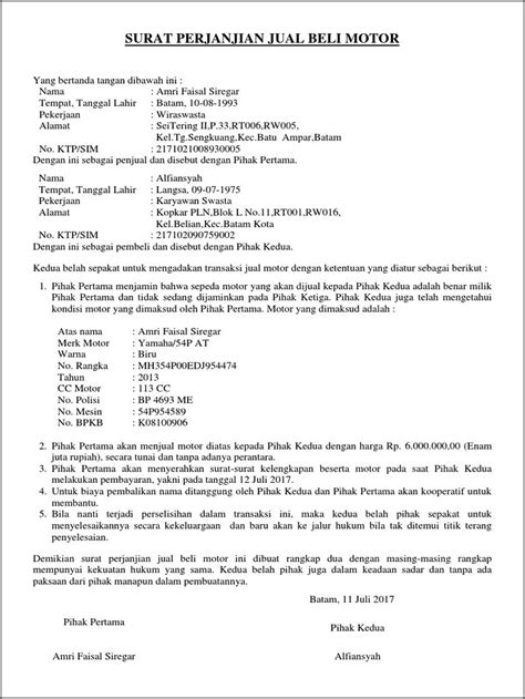 Contoh Surat Perjanjian Jual Beli Sepeda Motor Secara Tunai Surat