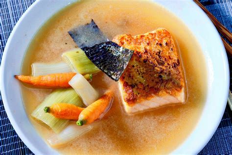 Salmon Poached In Miso Dashi With Leeks And Baby Carrots Delectabilia