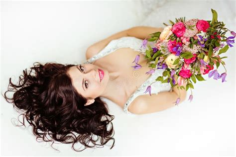 Portrait Of Beautiful Brunette Girl In A White Fishnet Dress Wit Stock Image Image Of Elegance