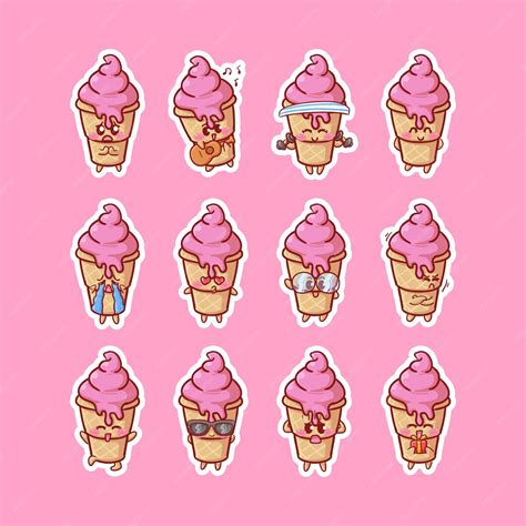 Cute Kawaii Ice Cream Cone Character Stickers Ilustración Varias Mascotas De Happy Expression