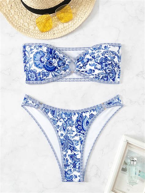 Conjunto De Bikini Sin Tirantes Para Mujer Ba Ador Sexy Con Estampado De Porcelana Azul Y