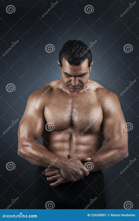 Two Naked Athlete With Strong Body Shirtless Hunks At Black Background Close Up Of An Athletic