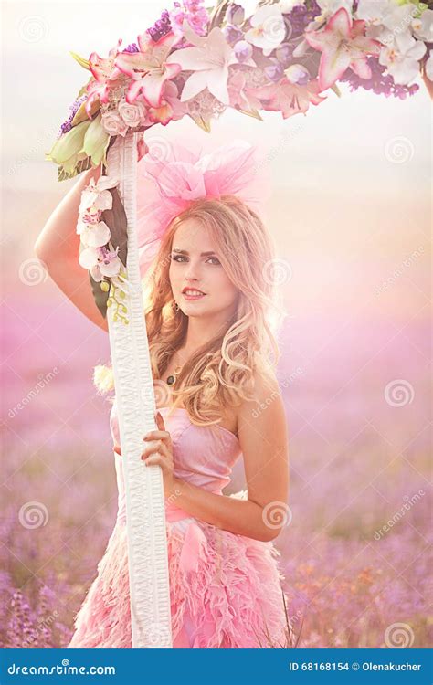 Beautiful Blonde Girl In A Field Of Lavender Stock Photo Image Of Elegant Fresh