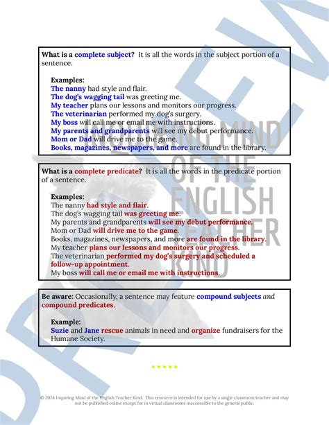 High School Grammar Practice Worksheet on Subjects and Predicates