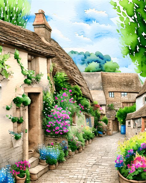 Beautiful Watercolor Painting Of A Village In The Cotswolds · Creative