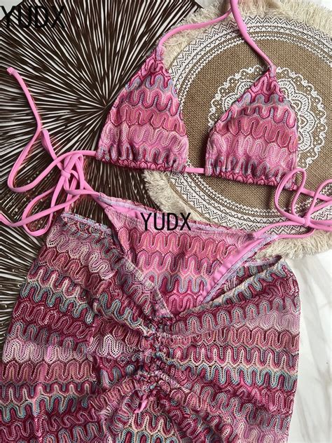 Bikini De Punto Con Falda Traje De Ba O De Tres Piezas Con Realce En Zigzag