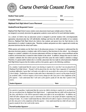 Fillable Online Hphs Dist Course Override Consent Form Highland