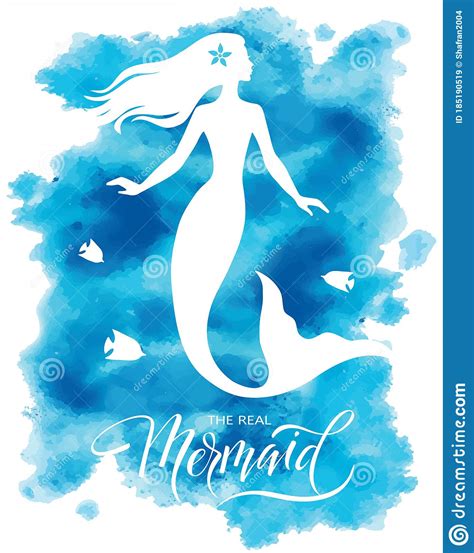 Mermaid Silhouette Hand Drawn Vector Illustration Isolated On Blue