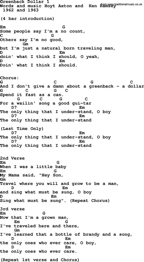 Kingston Trio Song Greenback Dollar 1 Lyrics And Chords