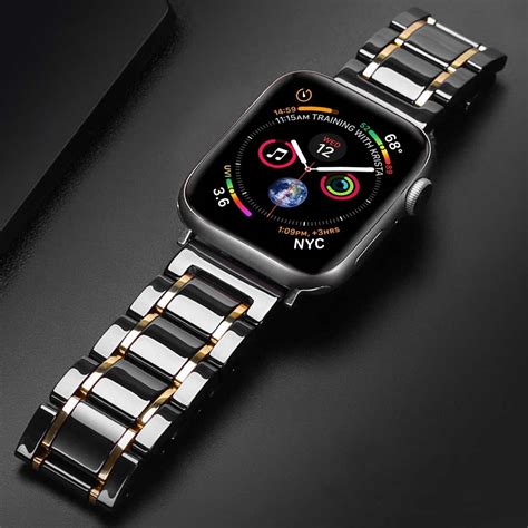 Luxury Two Tone Ceramic Shiny Mens Black Strap Apple Watch Band 6 5