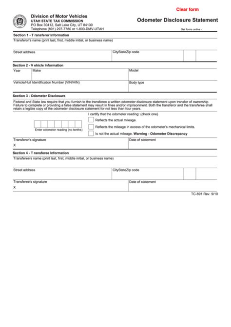 Fillable Form Tc 891 Odometer Disclosure Statement 2010 Printable