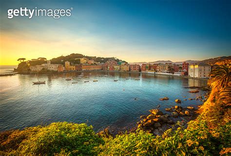 Sestri Levante Silence Bay Sea Harbor And Beach View On Sunset