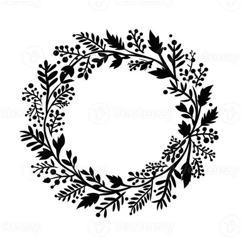 Beautiful Christmas Floral Wreath Black Clipart On White Background