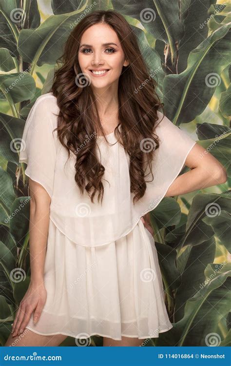 Smiling Brunette Girl In Summer Dress Stock Photo Image Of Luxurious Floral