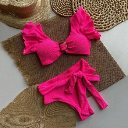 Womens Pink Ruched Bikini Set With Buckle Detail On Luulla