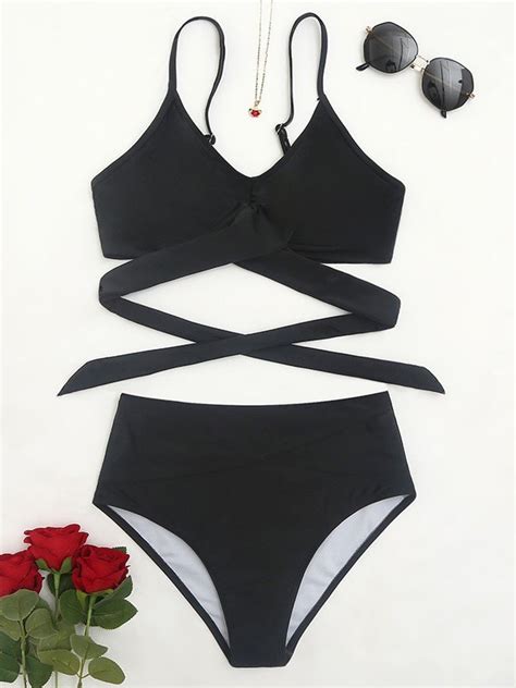 Emmiol Kostenloser Versand 2024 Cross Over Schwarz Bikini Set Schwarz M
