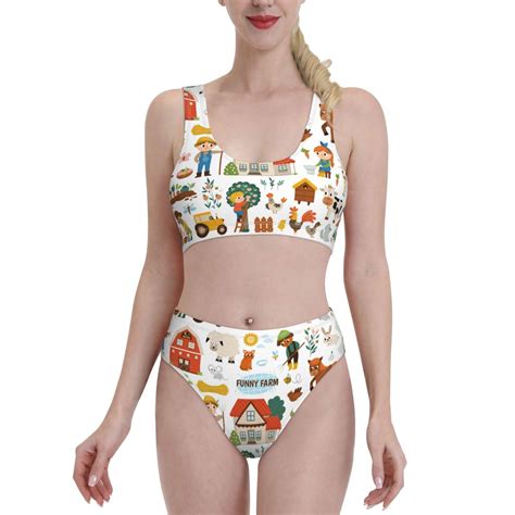 Lukts Women High Waisted Bikini Set Funny Farmers Swimsuit Piece Bathing Suit Tummy Control