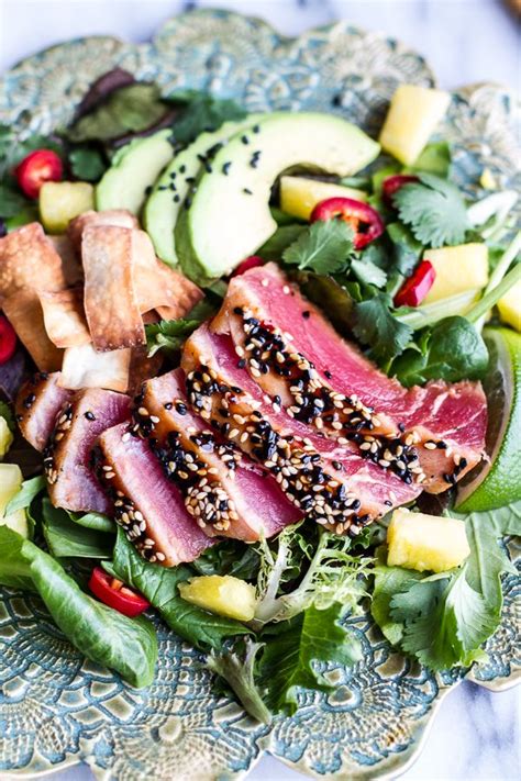 Seared Ahi Tuna Poke Salad With Hula Ginger Vinaigrette Wonton Crisps Recipe Seafood