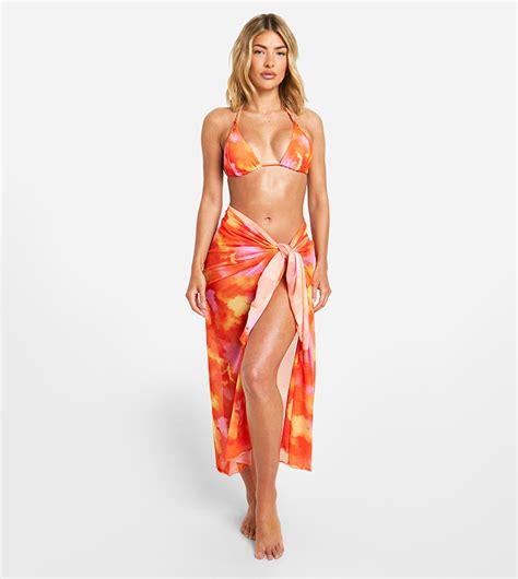 Buy Boohoo Piece Tie Dye Triangle Bikini Set Sarong In Orange