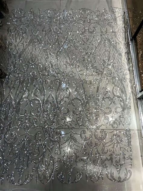 Silver Sequin Fabric Stretch Nude Mesh Embroidery Lace Fabric Prom Gown Dress Fabric By The