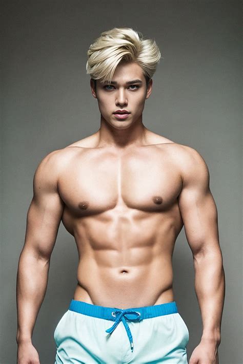 Man As Ken From Barbie With Swim Trunks Shirtless Undercut Blonde Hairstyle